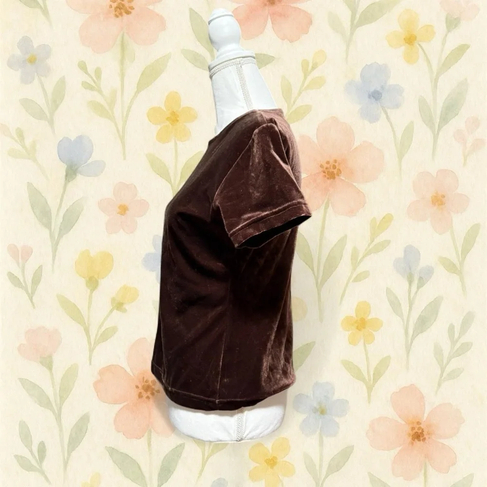 Vintage 90s Brown Velvet Top Medium Bydesign Velour Short Sleeve Baby Tee - Picture 5 of 7